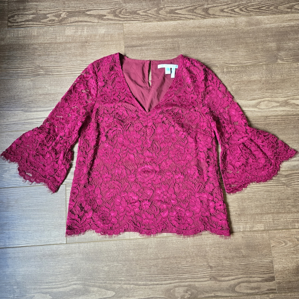 DRAPER JAMES Blouse Womens 4 Fuschia Floral Lace Bell Sleeve Whimsigoth Romantic